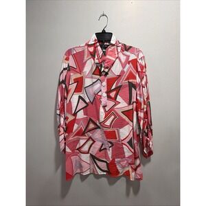 Ali Miles Women's NWT L Multicolor Abstract 1/4 Button Up Cinch Sleeve Blouse